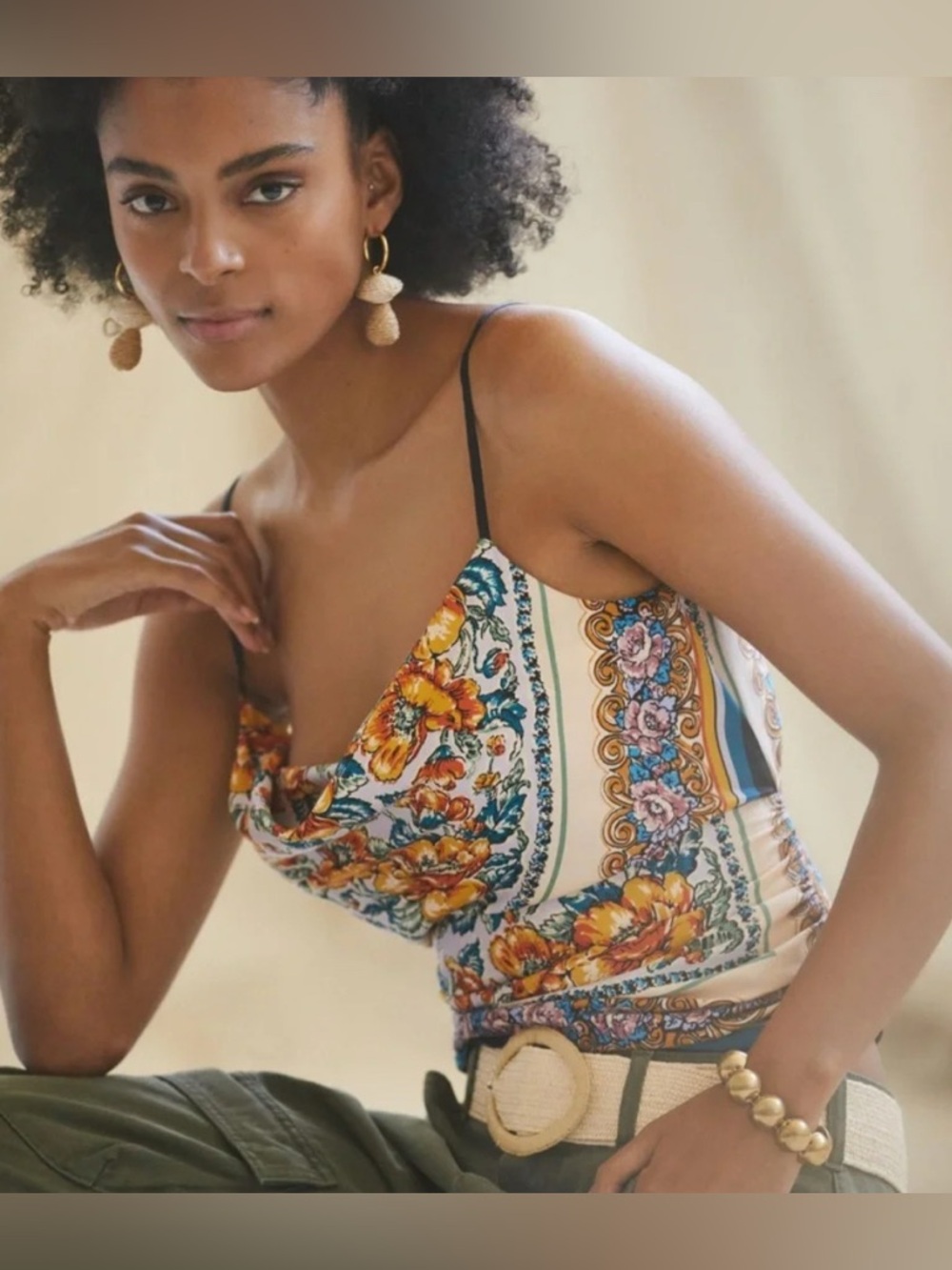 Anthropologie Floral Draped Open Back Silky Smocked Cami Scarf Top S